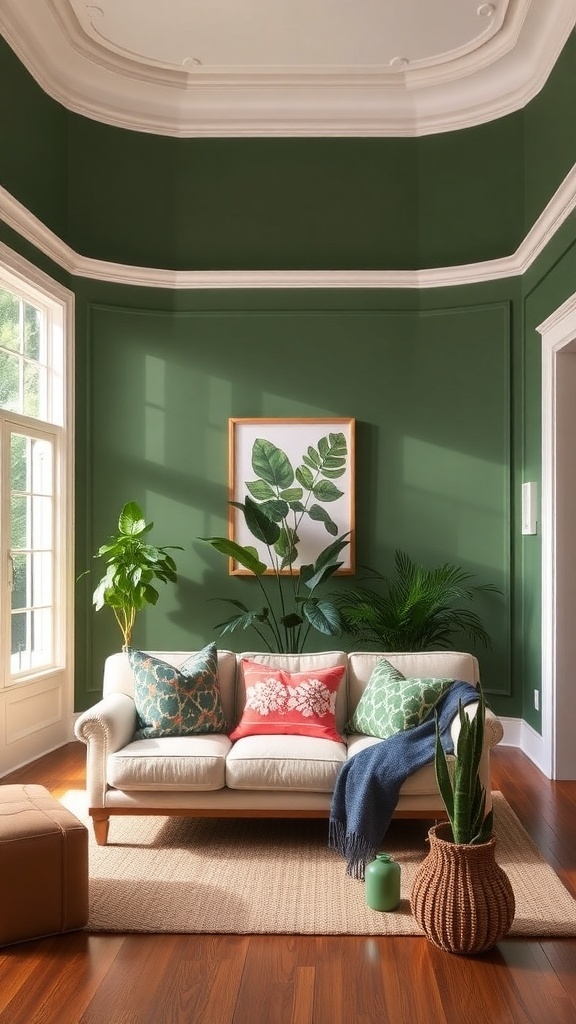 A room painted in Kale Green with white trim and natural wood accents, showcasing a cozy and inviting atmosphere.